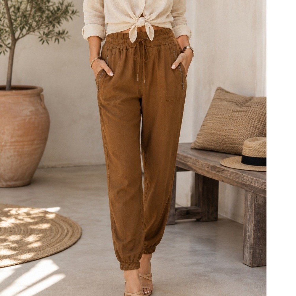 Athleta Cabo Linen Jogger Pants‎ Brown Elastic Waist Zipper Pockets Size 2